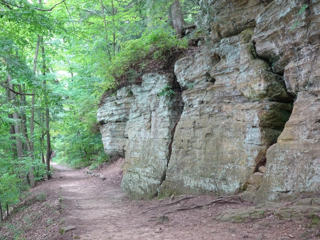 Sandstone ledges along a wooded trail in Grand Ledge, Michigan